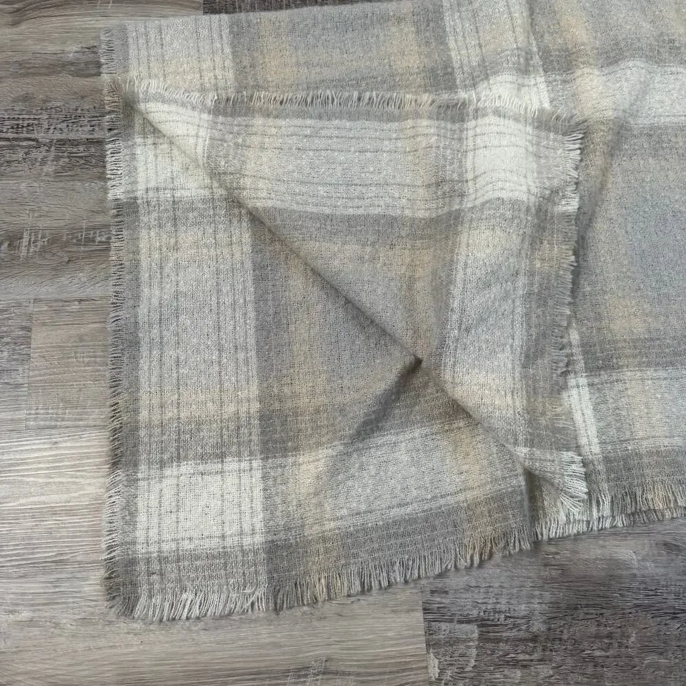 J.Jill Plaid Knit Wrap Shawl Gray Cream Fringed Cozy Layer XL - 3XL